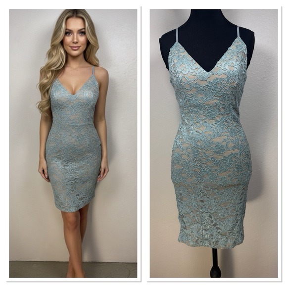 Honey & Rosie Dresses & Skirts - Honey and Rosie Y2K Lace Overlay Ethereal Bodycon Mini Dress S Blue Coquette